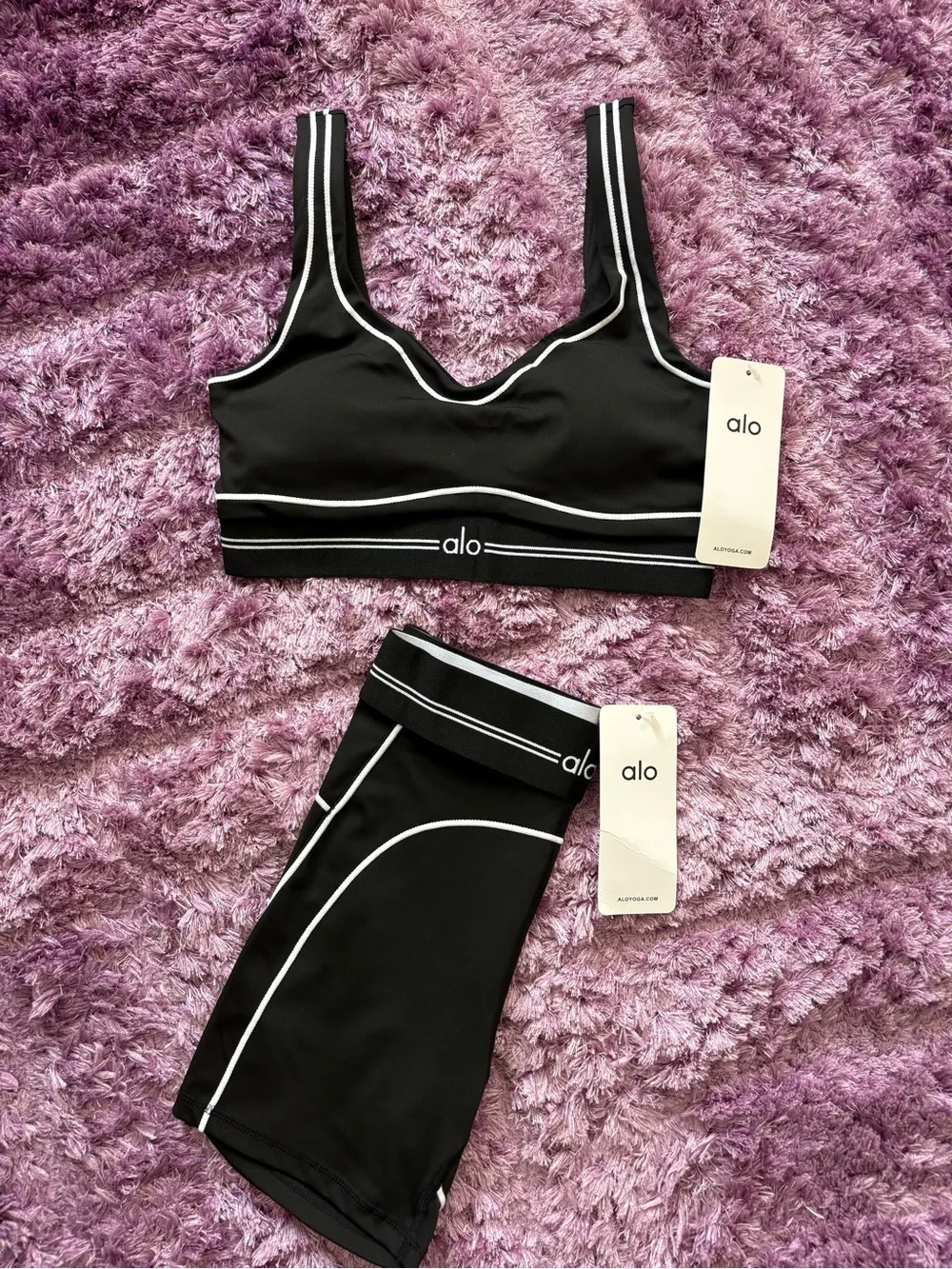 ALO Yoga Black Sports Bra and Bike Shorts with White Piping